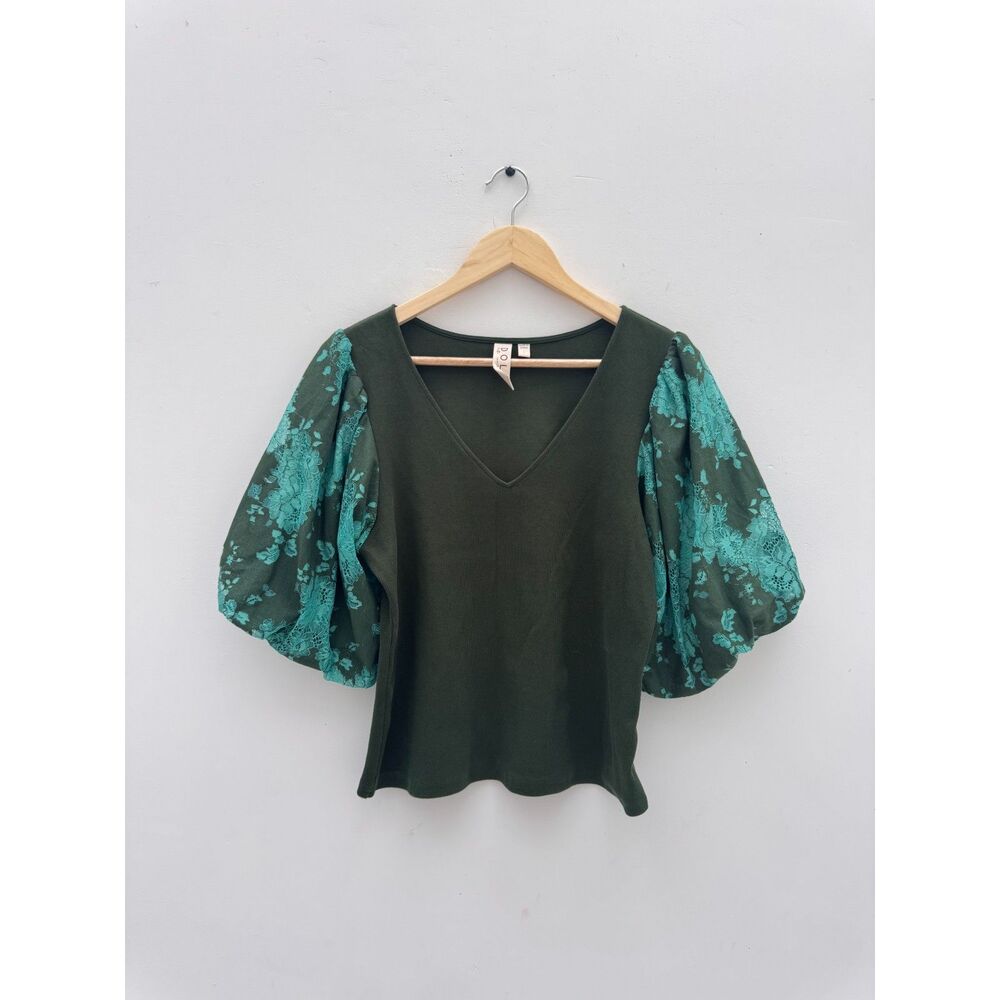 Dolan Left Coast Lace Puff Sleeve Top Green V Neck Anthropologie Large L